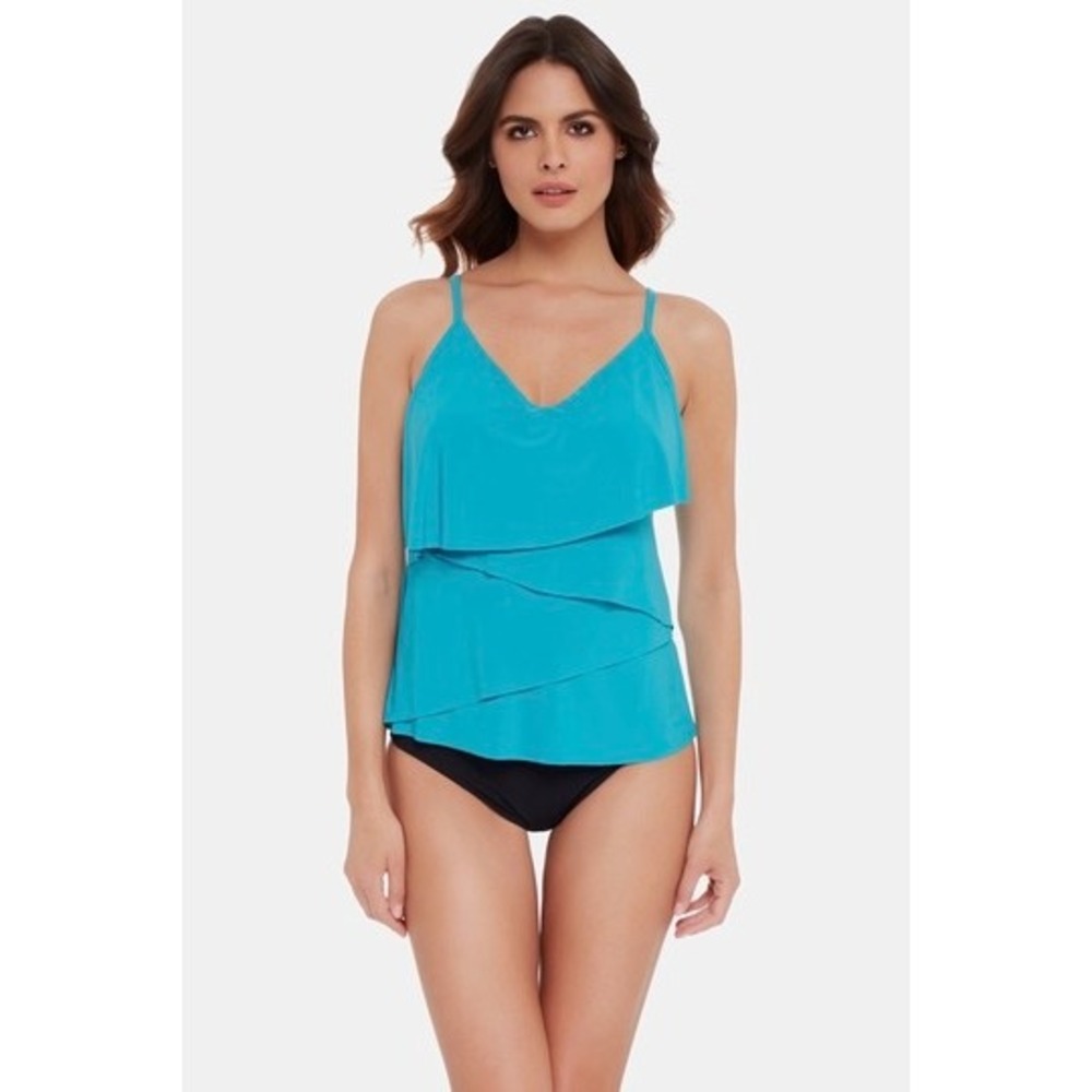 Magicsuit Womens Teal Blue Tiered Ruffle Tankini Swim Top Slimming $126 Sz 10